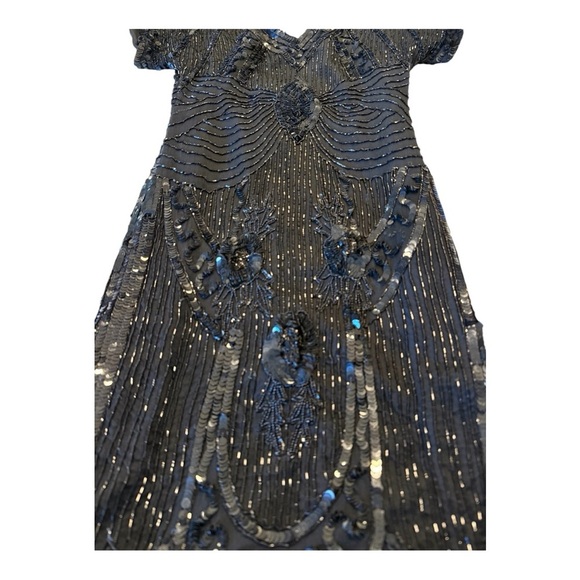 Stenay Vintage 80s Black Silk Beaded Sequin Midi Cocktail Party Small Gatsby - Picture 4 of 16